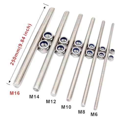 M16x250mm Threaded Rod 2 pcs 304 Stainless Steel Metric Fully M16*250mm