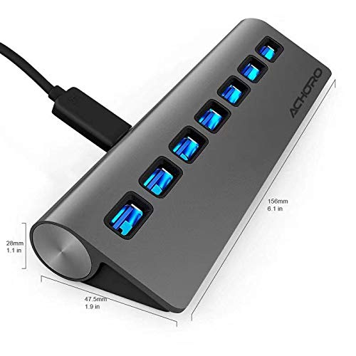 Achoro 7 Ports USB 3.0 Hub - Triangle Aluminum Alloy - High-Speed USB Port Expander - Compatible with PC, iMac, MacBook, Windows, Desktop, and More – Computer Multiple USB HUB (Space Grey) Space Gray