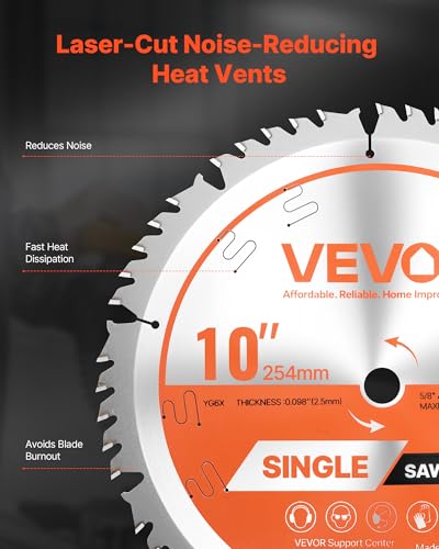 VEVOR Circular Saw Blade (254mm φ & 50 Sharp Teeth & 2.5mm Thickness) Ideal for Plywood OSB Hardwood Compatible with Circular Saw, Alloy Saw Blade with Noise Reducing Heat Extractors