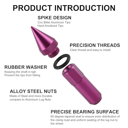SINGARO 20PCS M12X1.25 Wheel Lug Nuts, Cap Spiked Extended Tuner 60mm Aluminum Wheels Rims Lug Nuts (Purple) Purple