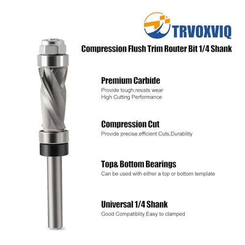 Compression Flush Trim Router Bit 1/4" Shank,1/2" Cutting Dia,Top and Bottom Bearing Carbide Spiral Up-Down Pattern Template Flush Cut Router Bit Woodworking Trimming Tool 1/4''x 1/2''x 1'' Uncoated