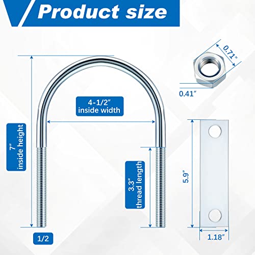 U Bolts Zinc Plated Carbon Steel with U Bolt Plates and Nuts for Fastening Products (4 Sets,1/2 x 4-1/2 x 7 Inch) 1/2 x 4-1/2 x 7 Inch