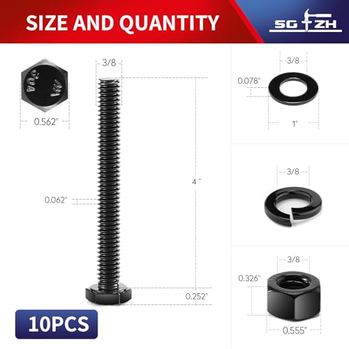 3/8-16 x 4 Hex Head Screw Bolt, Nuts, Flat & Lock Washers, 10Pcs 18-8 (304) Stainless Steel, Fully Threaded, Black Oxide by SG TZH