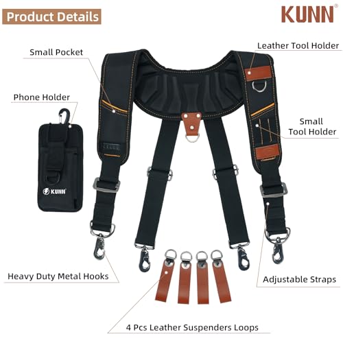 KUNN Leather Tool Belt Suspenders with Phone Holder & 4-Piece Leather Tool Belt Suspender Loops