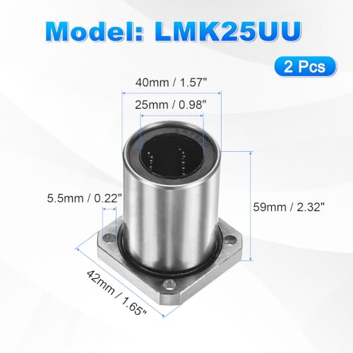 PATIKIL LMK25UU Linear Ball Bearing 25mm Bore Dia 40mm OD 59mm Long 5.5mm Hole, 2Pcs Round Flange Linear Motion Bushing Double Side Rubber Sealed Rod Liner Shaft for Machine 3D Printer 2