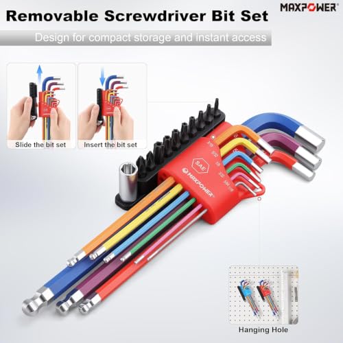 MAXPOWER 18PCS Hex Key & 22PCS Bit Set, SAE/Metric Extra Long Arm Ball End