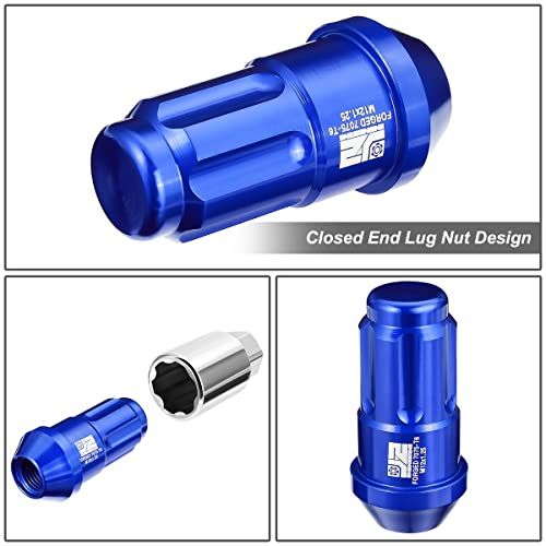 J2 Engineering J2-LN-T7-035-125-BL 20Pcs M12 x 1.25 T6-7075 Aluminum 50mm Closed End Lug Nuts w/Deep Drive Extension Adapter,Blue, 24mm x 50mm