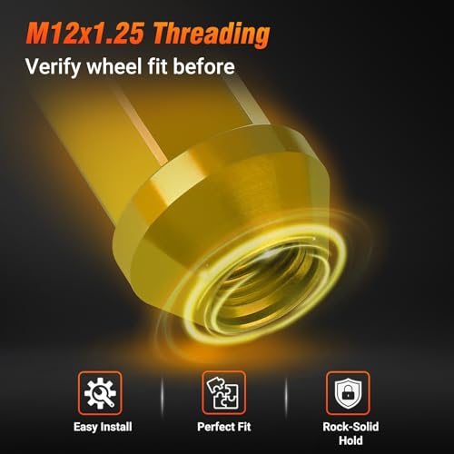 M12x1.25 Lug Nuts - 20 PCS 7075-T6 Aluminum Alloy 50mm Closed-End Lug Nuts, 1.95" 49.5mm Tall, Conical Seat 60 Degree, Tall Knurled Top Wheel Lug Nut(Gold) Gold