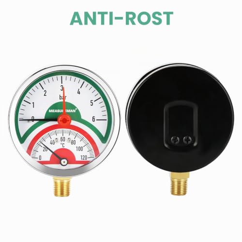 Thermal Pressure Gauge, 3 Inch Dial, 0-6 Bar/120°C, Black Steel Case, G1/2 Lower Connection