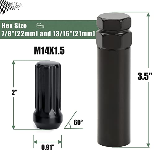 32pcs M14x1.5 Lug Nuts Spline Black, 14x1.5 Aftermarket Wheel Lug Nuts for F150 F250 F350 Silverado Sierra 2500 3500 with 2 Socket Keys Long Extended