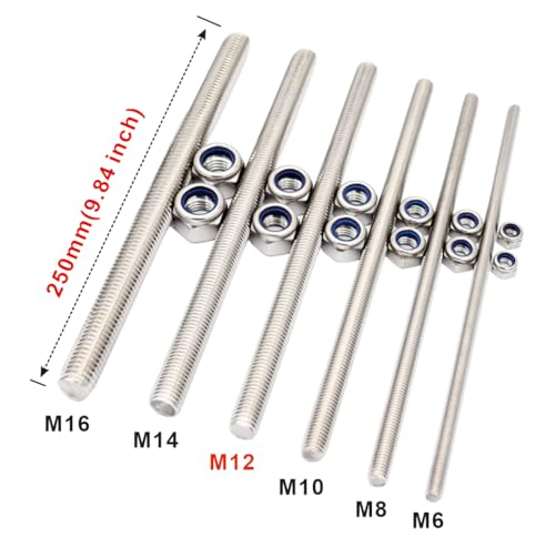 M12x250mm Threaded Rod 5pcs 304 Stainless Steel Metric Fully M12*250mm 5