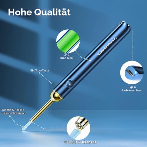 TOUCHBeauty Ear Wax Remover Otoscope, 1080P HD WiFi Ear Cleaner with Camera and 6 LEDs, IP67 Waterproof Ear Camera, USB Rechargeable for iPhone, iPad, Android, Children & Pets