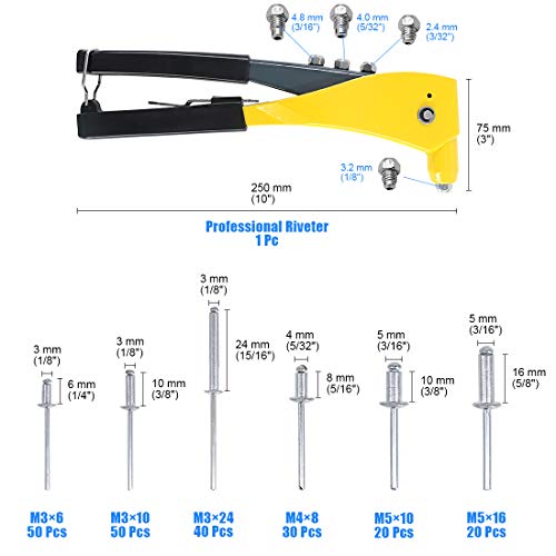 GLARKS Heavy Duty Riveter Set, 210Pcs Aluminum Blind Rivets Assortment Kit and a Professional Pop Rivet Gun for Sheet Metal, Automotive, Railway, and Duct Work (Rivet Gun with Rivets Set) Rivet Gun with Rivets Set