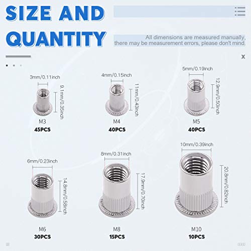Glarks 180Pcs 304 Stainless Steel Flat Head Threaded Rivet nut Assortment Kit +160Pcs Aluminum Alloy Flat Head Metric Threaded Rivetnut Insert Nutsert Rivet Nut Assortment Kit