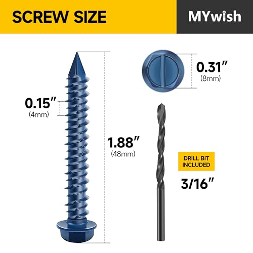 Mywish (15Sets) 1/4" x 3-1/2" Hex Head Lag Bolts & 30Pcs 1/4 x 1-3/4" Concrete Screws, Slotted Hex Washer Head Stucco Screws Anchor Kit with 3/16 Drill Bit, Masonry Screws Self Tapping, Lag Screws