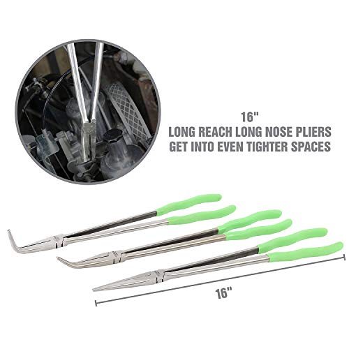 OEMTOOLS 22660 Long Needle Nose Pliers Set 16", Long Nose Pliers Set Kit, Straight, 45°, and 90°, Rust Resistant, Automotive, Construction, and Jewelry Making Tools steel