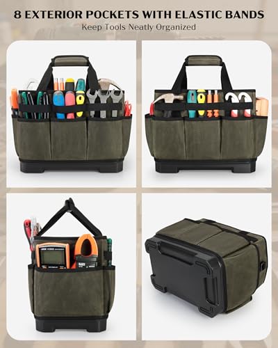 Marscamd Waxed Canvas Tool Bag with Hard Bottom and 8 Pockets Dark Green