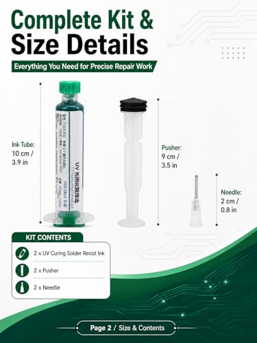 VOBOR UV Curing Soldering Ink with Pressure Needle, 2 Pack 10CC PCB Insulation Paint & Soldering Mask for Protection and Isolation of PCB Components, UV Light Curing Solder Resistant Ink, Green