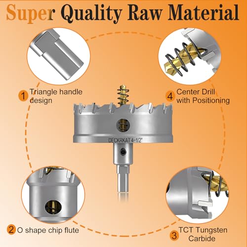 4-1/2" TCT Hole Saw for Hard Metal, Heavy Duty 115mm Tungsten Carbide Tipped Hole Cutter with Spring-Loaded Pilot Drill Bit for Stainless Steel, Metal, Iron, and Plastic. 4-1/2" (115mm)