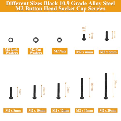 705 Pieces M2 Screws Nuts Washers Set Black, Sutemribor M2 x 4/6/8/10/12/16/20mm Button Head Socket Cap Screws Nuts Washers Assortment Kit, 10.9 Grade Alloy Steel, Fully Threaded M2 x 4/6/8/10/12/16/20mm Kit
