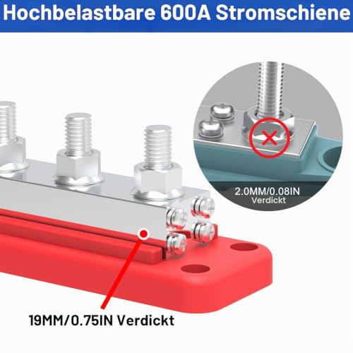 Bus Bar 600A 12V Power Distribution Block with 3/8 Inch (M10) 4-Post Terminal Block with Cover for Automotive, Marine, Battery System (Red) 600A-3/8'' (M10) red