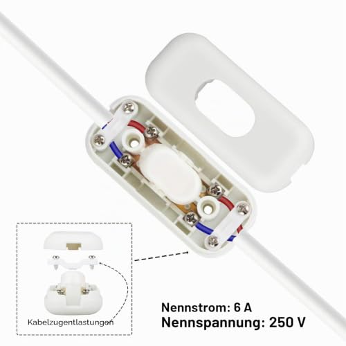 Pack of 2 cord switches, 2-pin, lamp switch | Intermediate switch, cable switch, lamp switch, 6A 250V, for 2-3 wire leads, for lamps, small appliances (White)