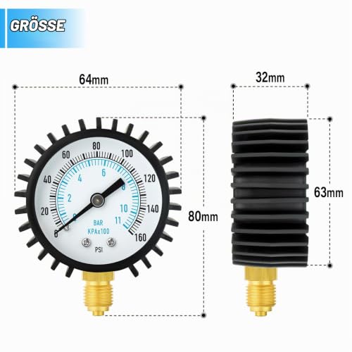 0-11 Bar/0-160 Psi Water Pressure Gauge, 2 Inch Dial Stainless Steel Water Supply Pressure Tester with Hose Connector, Plumbing Tool for Home and Garden Irrigation Systems 0-11 Bar 2"(with Hose) Lower Mount