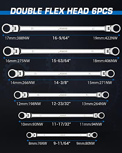 DISEN 6PCS Extra Long Double Box End Ratchet Wrench Set 8-19mm with Pouch Single Jointed Set