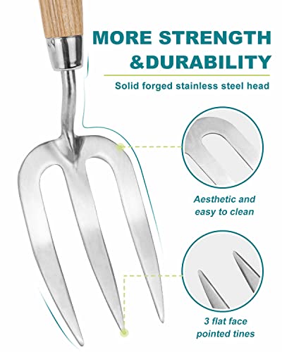 Garden Fork Hand Tool Small Weeding Fork 12 Inch with 3 Pointed Tines Wood Handle for Gardening Weeding Cultivating Digging Planting Transplanting Aerating Loosening Hard Soil Mixing Additives + Pitch