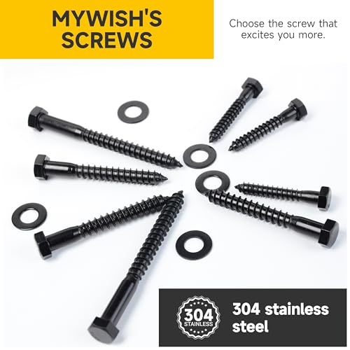 MYWISH (20Sets) 1/4" x 2-1/2" Hex Head Lag Bolts & 100Pcs 4 Inch Wood Screws, #14 x 4 Heavy Duty Outdoor Wood Screws Assortment Kit Deck Screws, Black Timber Screws Lag Bolts