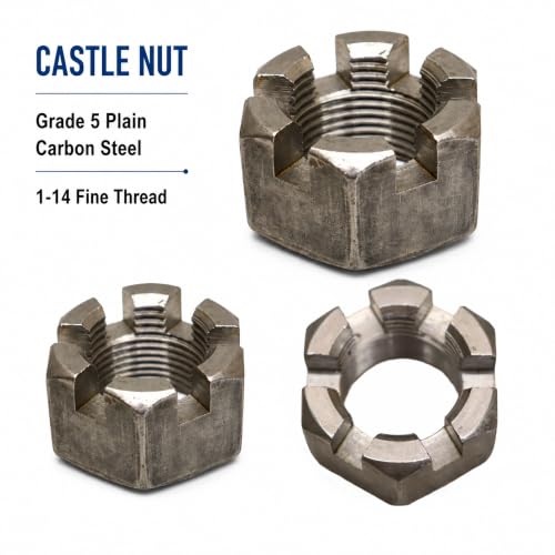 Castle Nut 1-14 Fine Thread, -12 Pack- Grade 5 Plain Carbon Steel, Slotted Hex Locking Nut, 1-1/2 in Wide, 7/8 in High