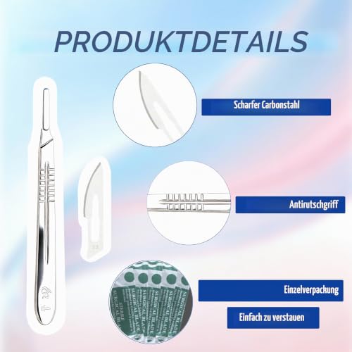 Scalpel Blades No. 23 with Scalpel Holder Stainless Steel No. 4 Sterile Pack of 20 | Disposable blades carbon steel, extremely sharp cutting edge, ideal for pedicure craft modeling, safely packaged