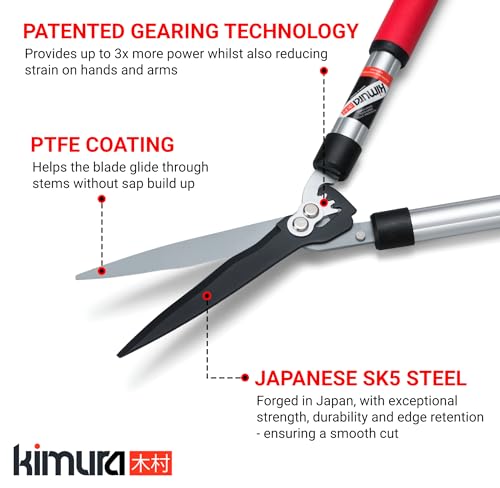 Kimura® Pro Heavy Duty Hedge Shears - Premium Garden Clippers with Patented Gearing Technology, Ultra Lightweight Aluminium Handles, Japanese SK5 Steel Blades, Ideal Shears for Gardening - 22" Trimmer 22"
