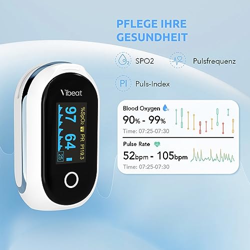 Vibeat Bluetooth Pulse Oximeter with 12 Offline Data, Rechargeable Oxygen Saturation Meter Finger, Continuous Monitoring, Pulse Oximeter, Finger Oximeter, Convenient Heart Rate Monitor with App