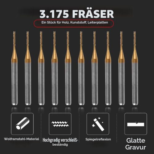 Milling Cutter 1 mm, 10 Pieces 1/8 Inch Shank End Mill, Titanium Coated Cutter Set Carbide CNC Cutter PCB Engraving Bits, for Milling Holes, Grooves and Edges