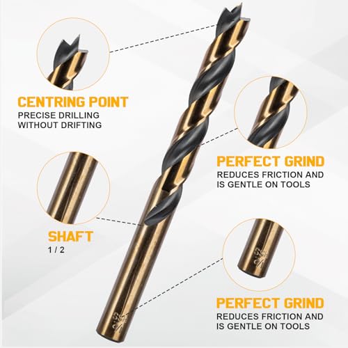 29Pcs Brad Point Drill Bit Set, Full Ground with Self-Centering Tip (1/16-1/2 Inch,Titanium Coated HSS Wood Drill Bits for Hardwood & Softwood, 1/64 Inch Increment) & Storage Case