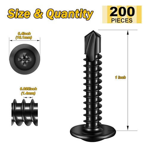 Mywish Self Tapping Screws for Metal (200Pcs) #8×1" & 100pcs #8 x 1 Self Drilling Screws for Metal, Black Sheet Metal Screws 410 Black Oxide Stainless Steel Truss Head Self Drilling Screws High-Streng