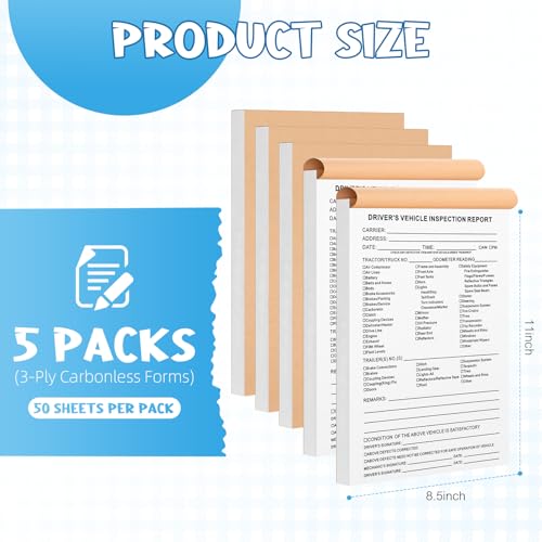 Detailed Driver's Vehicle Inspection Report Forms/Books,5 Packs 3-Ply Carbonless,50 Sets of Forms per Daily Pre-Trip Checklist Log for Truck Drivers 5.5" x 8.5".(Total 250 Sets)