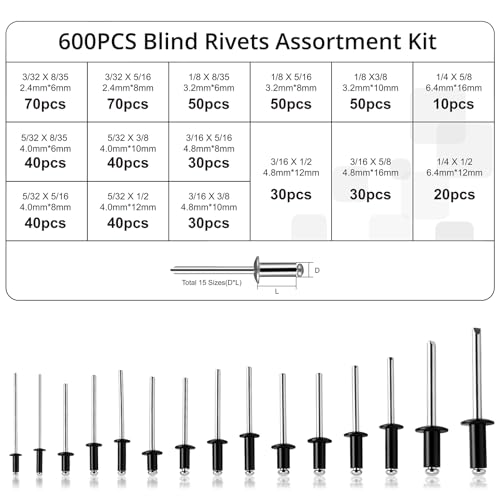 Proster 600Pcs Black + 600Pcs Silver Aluminum Blind Rivets