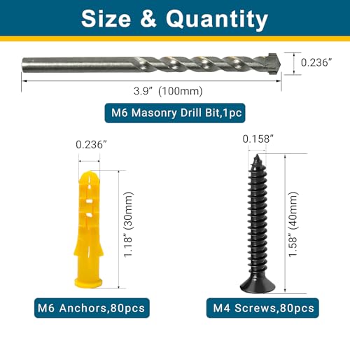 Masonry Anchors and Screws Kit 80 Sets Plastic Wall Plugs & Screws with 1 Masonry Drill Bit Heavy Duty Fasteners for Brick Concrete Block and Stone Walls (Yellow, M4-30) yellow
