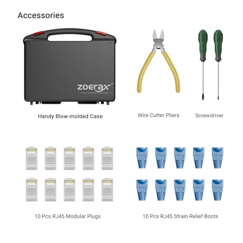 Network Tool Kit, ZOERAX 11 in 1 Professional RJ45 Crimp Tool Kit - Pass Through Crimper, RJ45 Tester, 110/88 Punch Down Tool, Stripper, Cutter, Cat6 Pass Through Connectors and Boots Network Tool Kit (11-in-1)