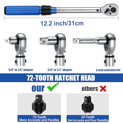 BULLTOOLS 3/8-Inch Drive Click Torque Wrench, Dual-Direction 72-Tooth Torque Wrench Set 7.4-44.3 FT.LB/10-60 Nm Dual Range Scales Torque Wrench for Bike, Motorcycle, Car Spark