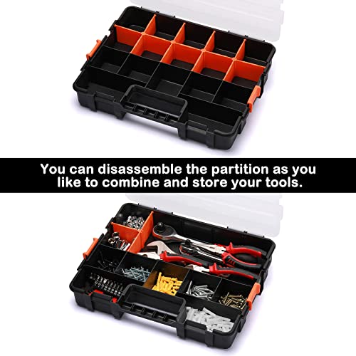 Tool Box Organizer Interlocking Black Small Parts Organizer for Fasteners and Crafts w/Removable Dividers (2 Piece Pack) 2 PCS Toolbox Organizer