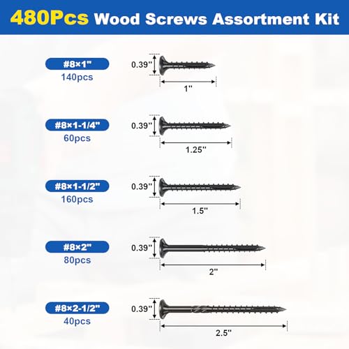 #8 Wood Screws Assortment Kit, 480Pcs 5Sizes Screws Set Assorted Screws #8(5Sizes)—480pcs