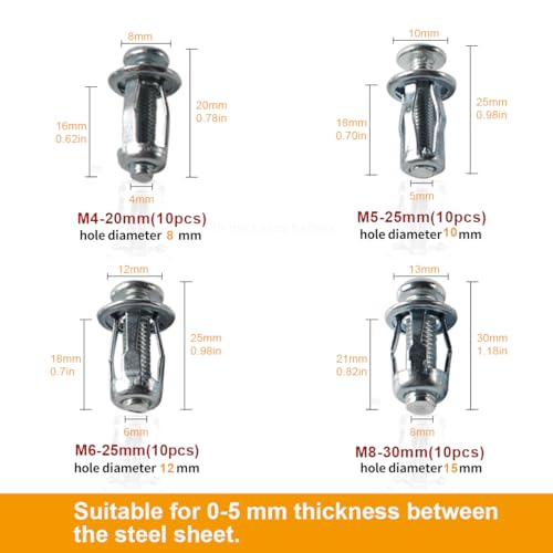 Molly Bolts for Drywall Plaster Walls (0.01"-0.19"), 40 PCS in 4 Sizes, Heavy Duty Hollow Wall Anchors with Setting Tool