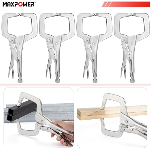 MAXPOWER 11-inch Locking C Clamp, Heavy Duty C-Clamp Locking Pliers with Regular Tip for Welding - 4 Pack 4pcs 11"