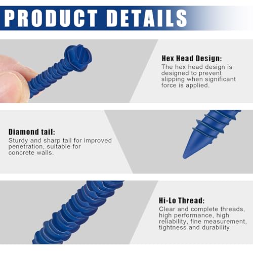 MorningRo 200 Qty 1/4" x 1-3/4" Hex Head Concrete Screws Anchor with Drill Bits Blue Slotted Hex Screws for Anchor Masonry, Block, Brick, Cement, Stucco, Diamond Point and Wood Fastening 1/4" X 1-3/4"