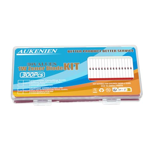 AUKENIEN 1W Zener Diode Z Diodes Assortment Set 30 Value Zener Diode Kit 3V 3.3V 3.6V 3.9V 4.3V 4.7V 5.1V 5.6V 6.2V 6.8V 7.5V 8.2V 9.1V 10V 11V 12V 13V 15V 16V 18V 20V 222 V 24V 27V 30V 33V 36V 39V 43V 47V 1W Zener Dioden
