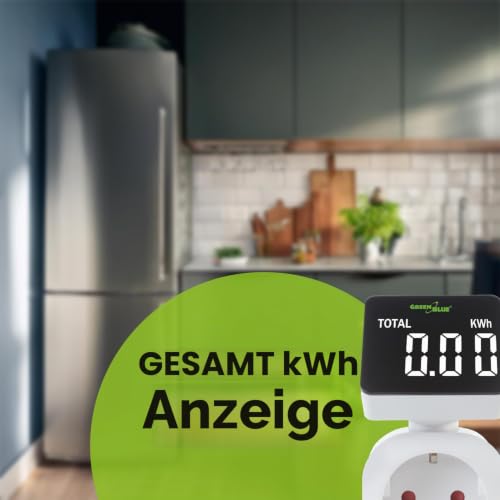 Green Blue Electricity Meter, Energy Cost Meter, Digital Wattmeter, Power Consumption Meter, Energy Meter, 16 A Max: 3680 W, Display of Consumed kWh and Energy Costs | Secondary memory (Schuko socket)