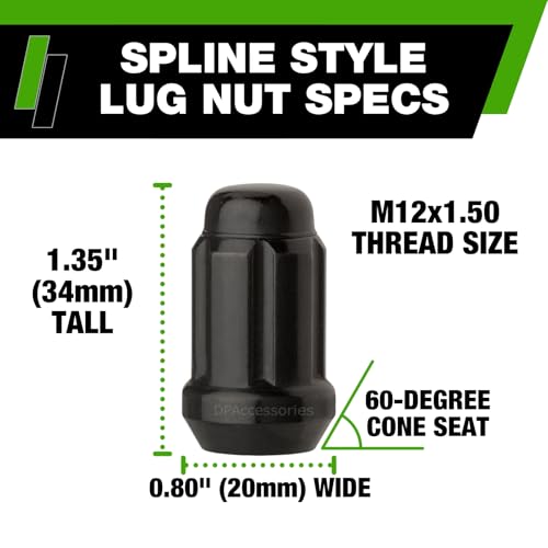 DPAccessories Black M12x1.50 Lug Nuts for Aftermarket Wheels - Closed End Spline Tuner - 34mm (1.35") Tall - Set of 27 - D5246P-2308/27 27 Lug Nuts & 1 Tool for Aftermarket Wheels